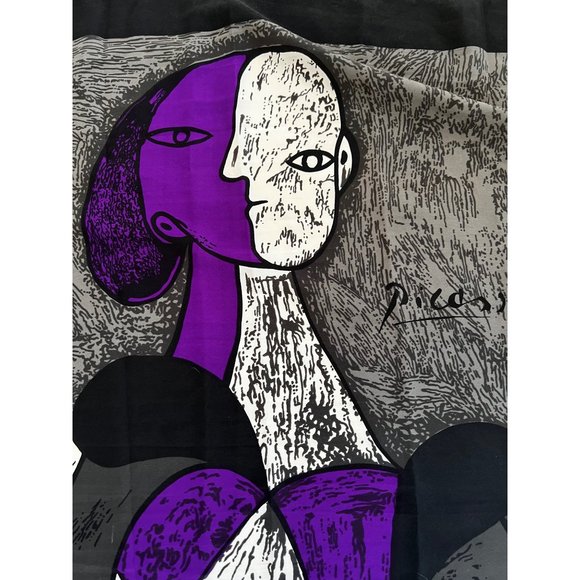 Picasso Large Square Scarf Abstract Face/Body, Purple-Black-Gray-Blue-White - Picture 4 of 7